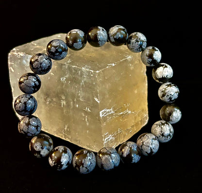 Reiki-Infused Snowflake Obsidian Bracelet – 10mm Protection, Grounding & Emotional Balance (Medium & Large Wrists)