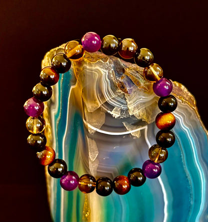 Tranquil Focus Bracelet – Amethyst, Tiger Eye & Smoky Quartz