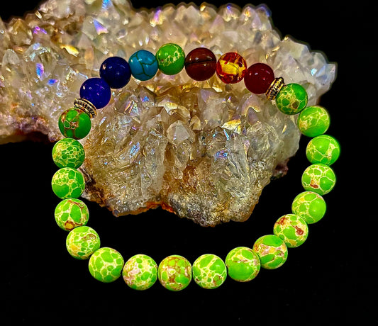 7 Chakra Healing Bracelet with Green Sea Sediment Jasper – Balance, Alignment & Grounding
