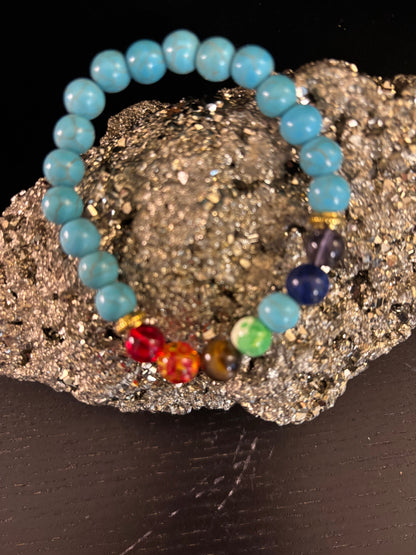Chakra Healing Bracelet – Turquoise Howlite Energy Beads with Chakra Stones (Small to Medium Wrists)