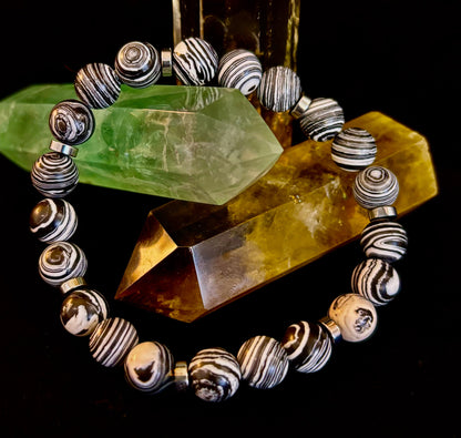 Black & White Striped Agate Stretch Bracelet — Natural Banded Agate Bracelet for Large to XL Wrists