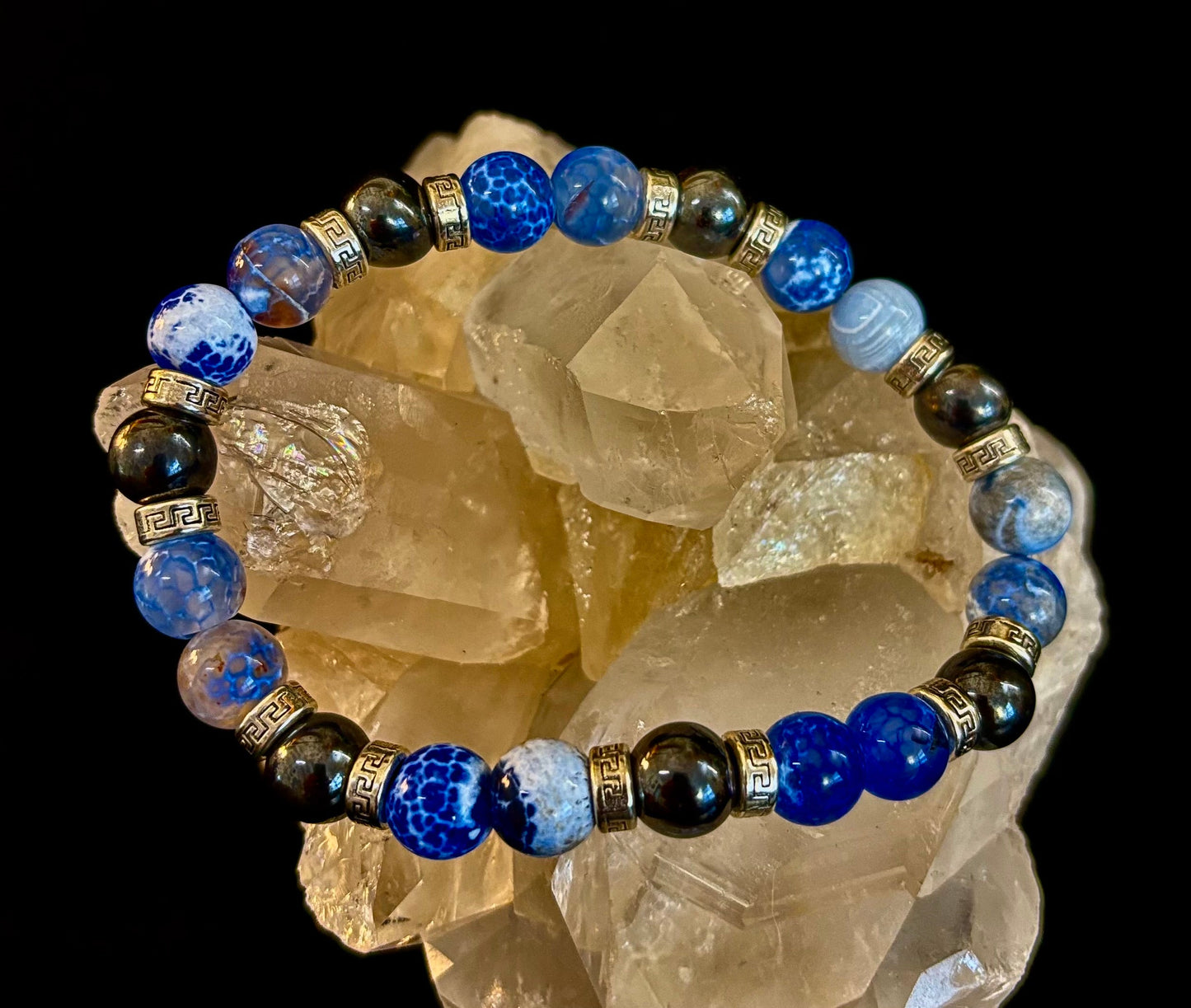 Speckled Blue and Gray Agate and Hematite (9"-9.5" XXL Wrist Size)