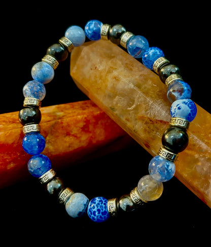 Speckled Blue and Gray Agate and Hematite (9"-9.5" XXL Wrist Size)
