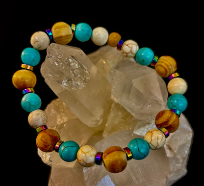 Turquoise and Cream Howlite with Coconut Palm Beads (8"-8.5" Large and XL Wrists)