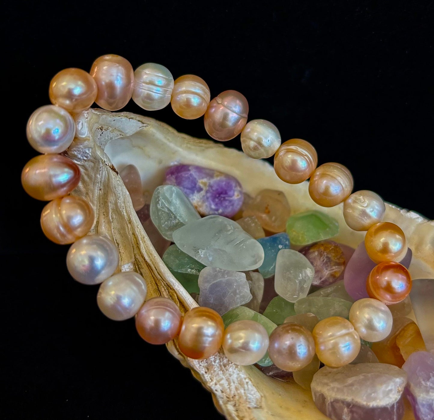 Cultured Freshwater Pearl Stretch Bracelet — Multicolor Baroque Pearl Bracelet for Medium Wrists