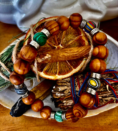 Coconut Palm Wood with Mixed Natural Stones (8.5"-9.5" XL Wrists)