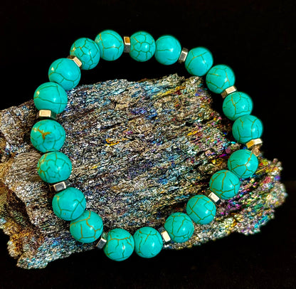 Turquoise Howlite Bracelet with Silver Spacers — Handmade in Puerto Vallarta — Calming Natural Stone Stretch Bracelet (6.75"–7.5" Medium to Large Wrists)