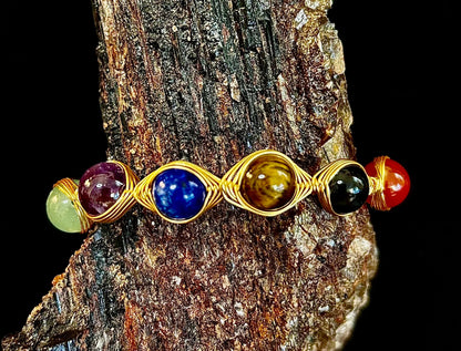 Golden Energy Flow Chakra Bracelet — Mixed Gemstone Wire Wrap