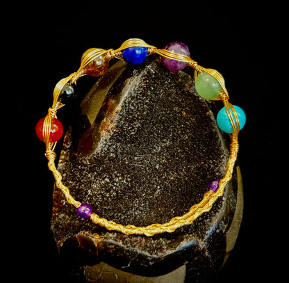 Golden Energy Flow Chakra Bracelet — Mixed Gemstone Wire Wrap