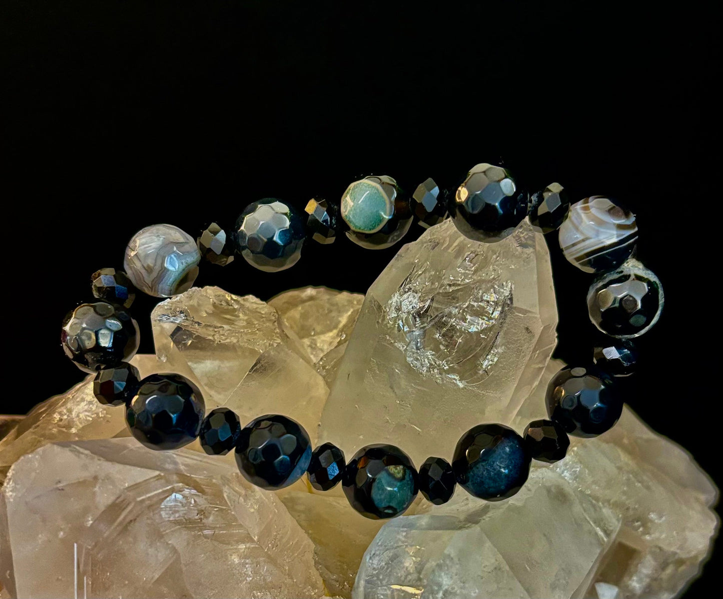 Puerto Vallarta Midnight Agate Power Bracelet — Faceted Black Agate & Swirled Banded Agate (Large Wrist Fit)