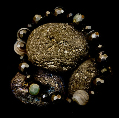 Puerto Vallarta Midnight Agate Power Bracelet — Faceted Black Agate & Swirled Banded Agate (Large Wrist Fit)