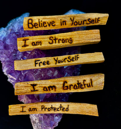 Hand-Engraved Palo Santo Smudge Sticks — Sustainable Peruvian Holy Wood with Positive Affirmations & Energy Cleansing
