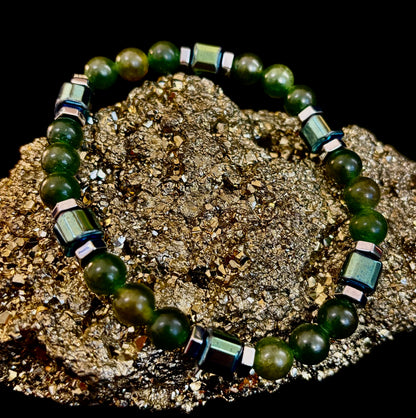 Green Moss Agate Healing Bracelet with Hematite Accents - Large Wrists