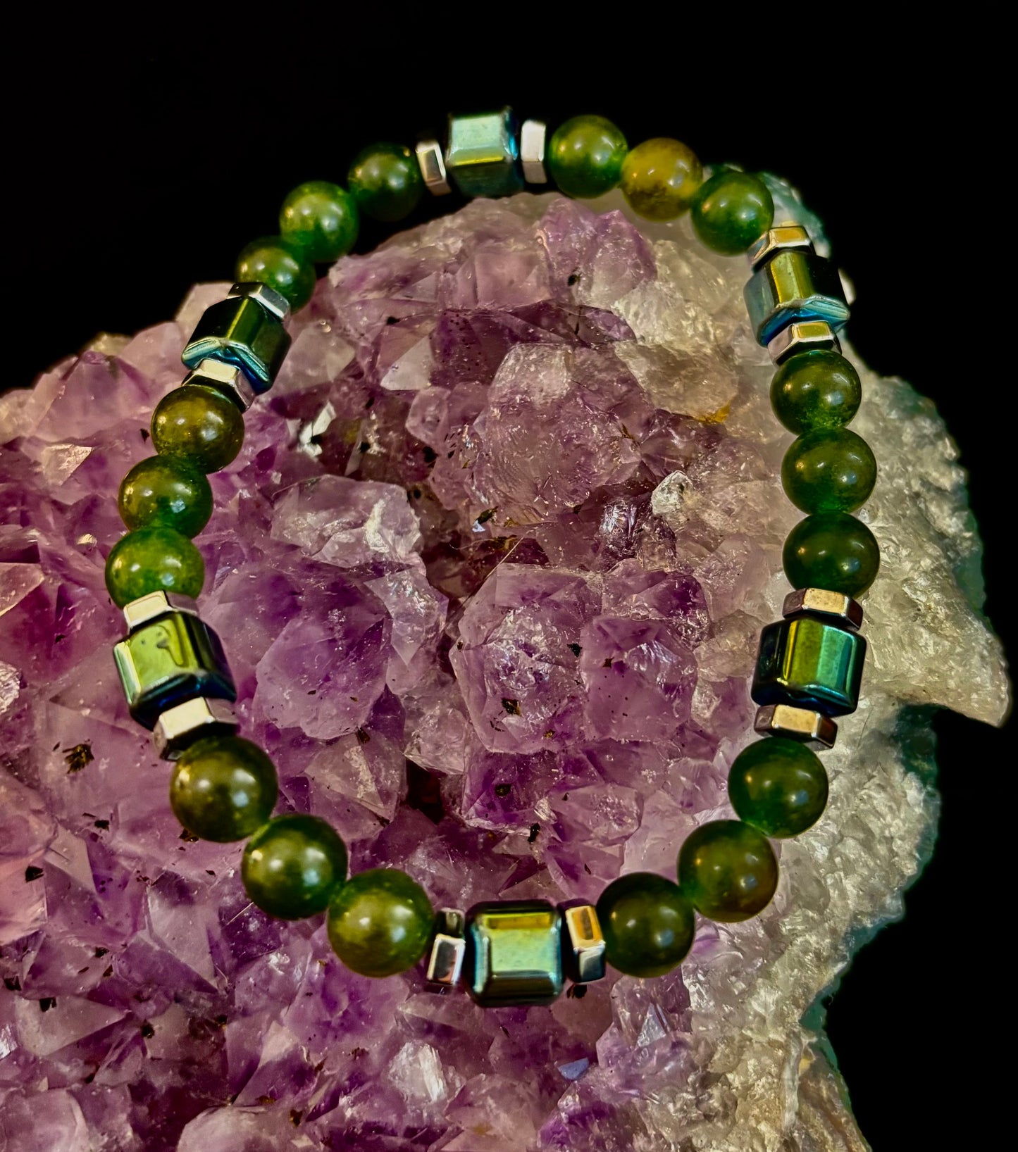 Green Moss Agate Healing Bracelet with Hematite Accents - Large Wrists