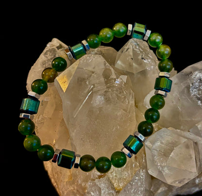 Green Moss Agate Healing Bracelet with Hematite Accents - Large Wrists