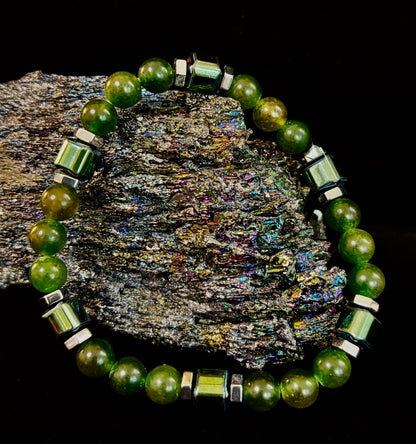 Green Moss Agate Healing Bracelet with Hematite Accents - Large Wrists