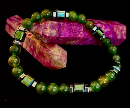 Green Moss Agate Healing Bracelet with Hematite Accents - Large Wrists