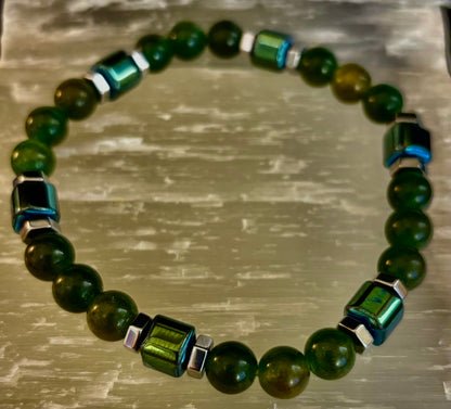Green Moss Agate Healing Bracelet with Hematite Accents - Large Wrists