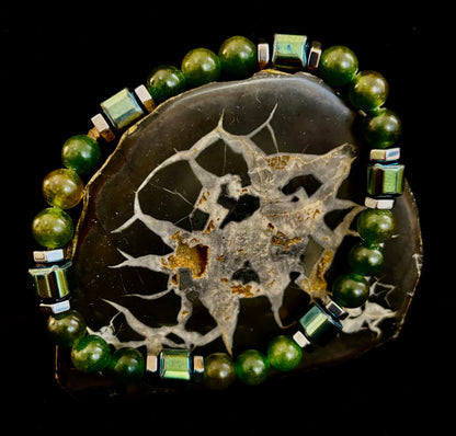 Green Moss Agate Healing Bracelet with Hematite Accents - Large Wrists