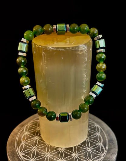 Green Moss Agate Healing Bracelet with Hematite Accents - Large Wrists