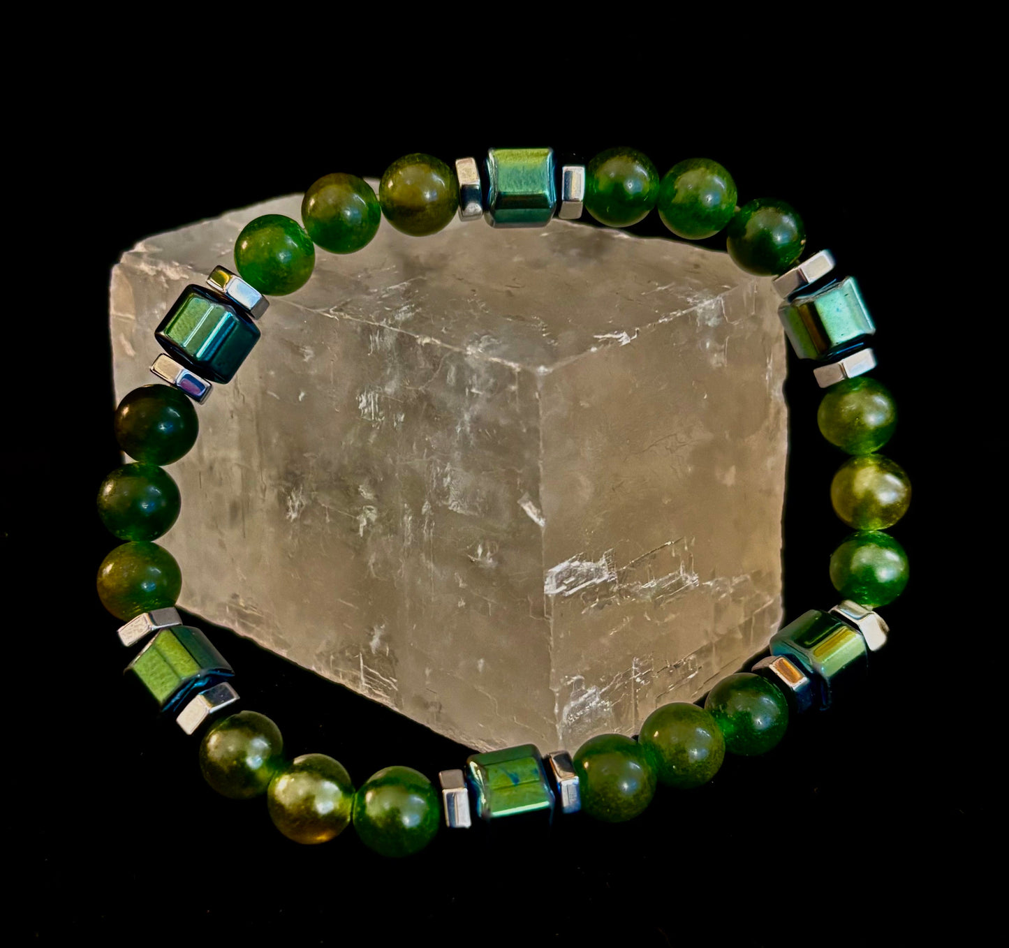Green Moss Agate Healing Bracelet with Hematite Accents - Large Wrists