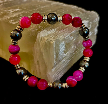 Pink Striped Agate & Hematite Energy Bracelet – Handmade Mexican Natural Stone Bracelet for XL Wrists
