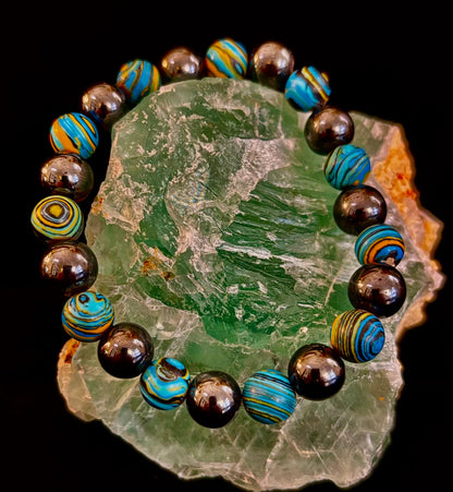 Blue Peacock Malachite Stone Bracelet – XL Hematite Stretch Bracelet for Large Wrists