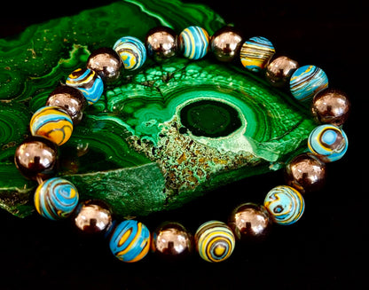 Blue Peacock Malachite Stone Bracelet – XL Hematite Stretch Bracelet for Large Wrists