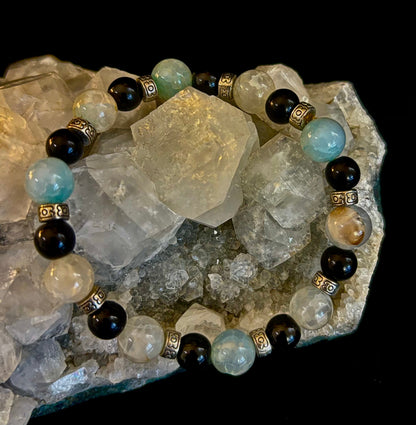 Ocean Mist Natural Stone Bracelet – Black and White Gemstone Bracelet Handmade in Puerto Vallarta (One of a Kind)