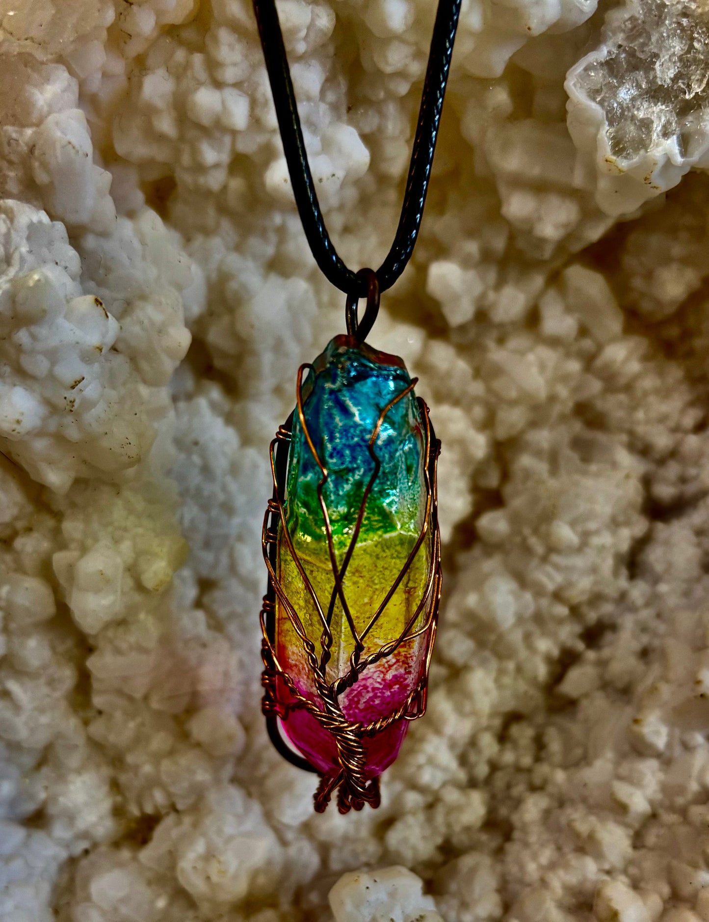Rainbow Chakra Tree of Life Necklace – Glass Pendant | Leather Cord | Copper or Silver Wire Wrap