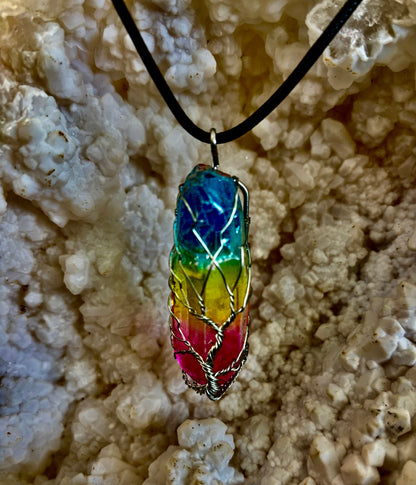 Rainbow Chakra Tree of Life Necklace – Glass Pendant | Leather Cord | Copper or Silver Wire Wrap