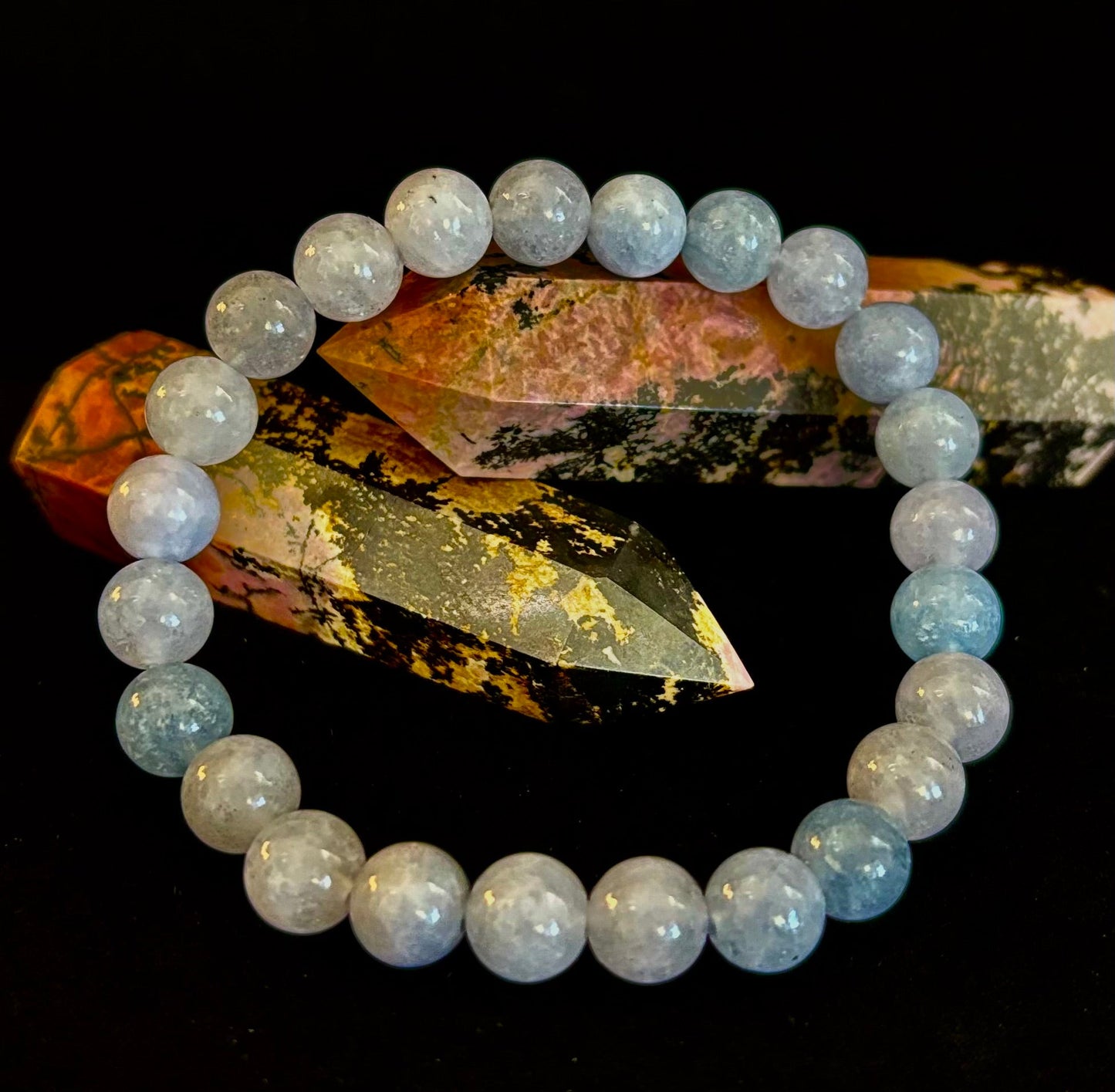 Aquamarine Beaded Bracelet – Reiki-Infused Calm, Clarity & Communication Jewelry (Medium Wrist)