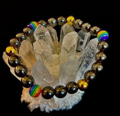 LGBTQ+ Pride Black Stone Beaded Bracelet – For Every Identity | 8mm Rainbow Stripe Beads | Gold or Rose Gold Accent Bracelet