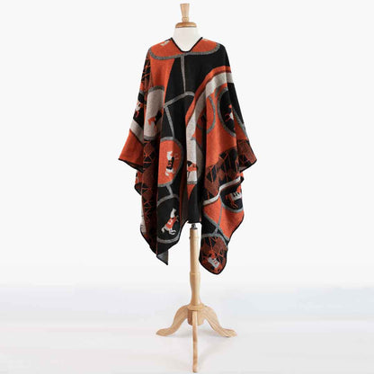 Adina -  Equestrian Motif Shawl in Tangerine, Charcoal and Black Luxe Wrap