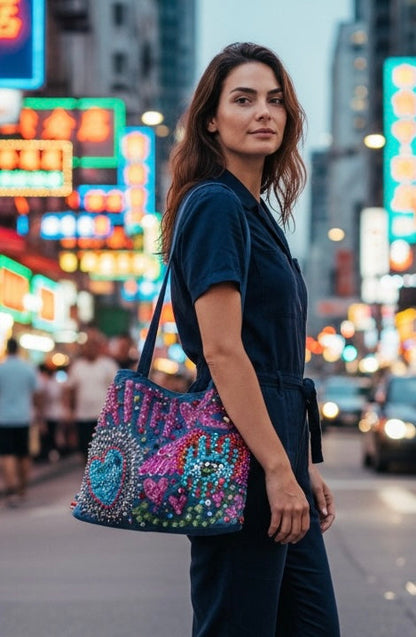 Hand-Painted  & Hand-Embroidered Denim Tote Bag - Piece of Art