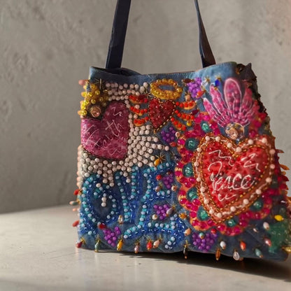 Hand-Painted  & Hand-Embroidered Denim Tote Bag - Piece of Art