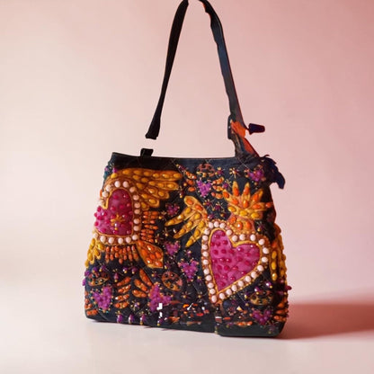 Hand-Painted  & Hand-Embroidered Denim Tote Bag - Piece of Art