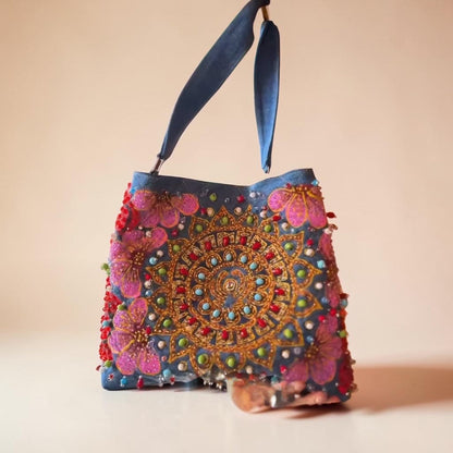 Hand-Painted  & Hand-Embroidered Denim Tote Bag - Piece of Art