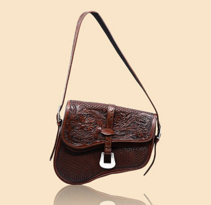 Genuine Hand-Tooled Leather Saddle Bag “MEDIA LUNA” – Western Cowgirl Purse