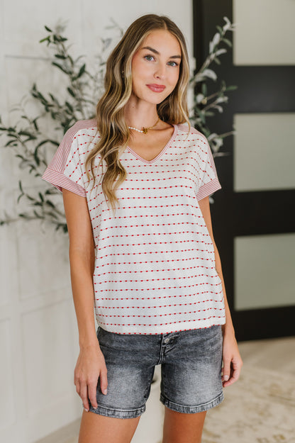 Stitched with Love V-Neck Top in Ivory and Red