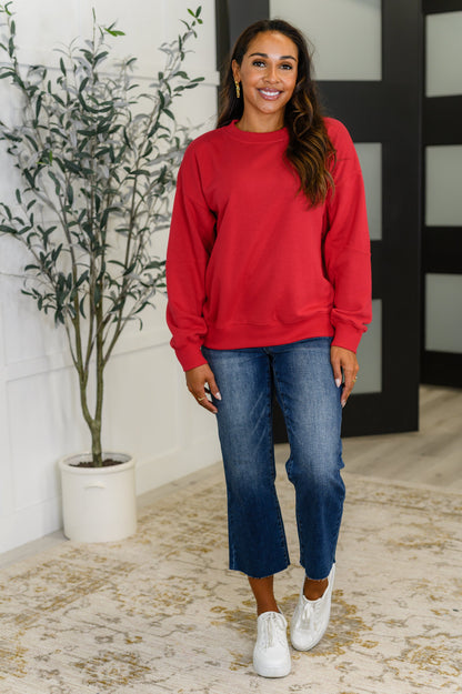 Sweet with a Side Eye Drop Shoulder Pullover in True Red