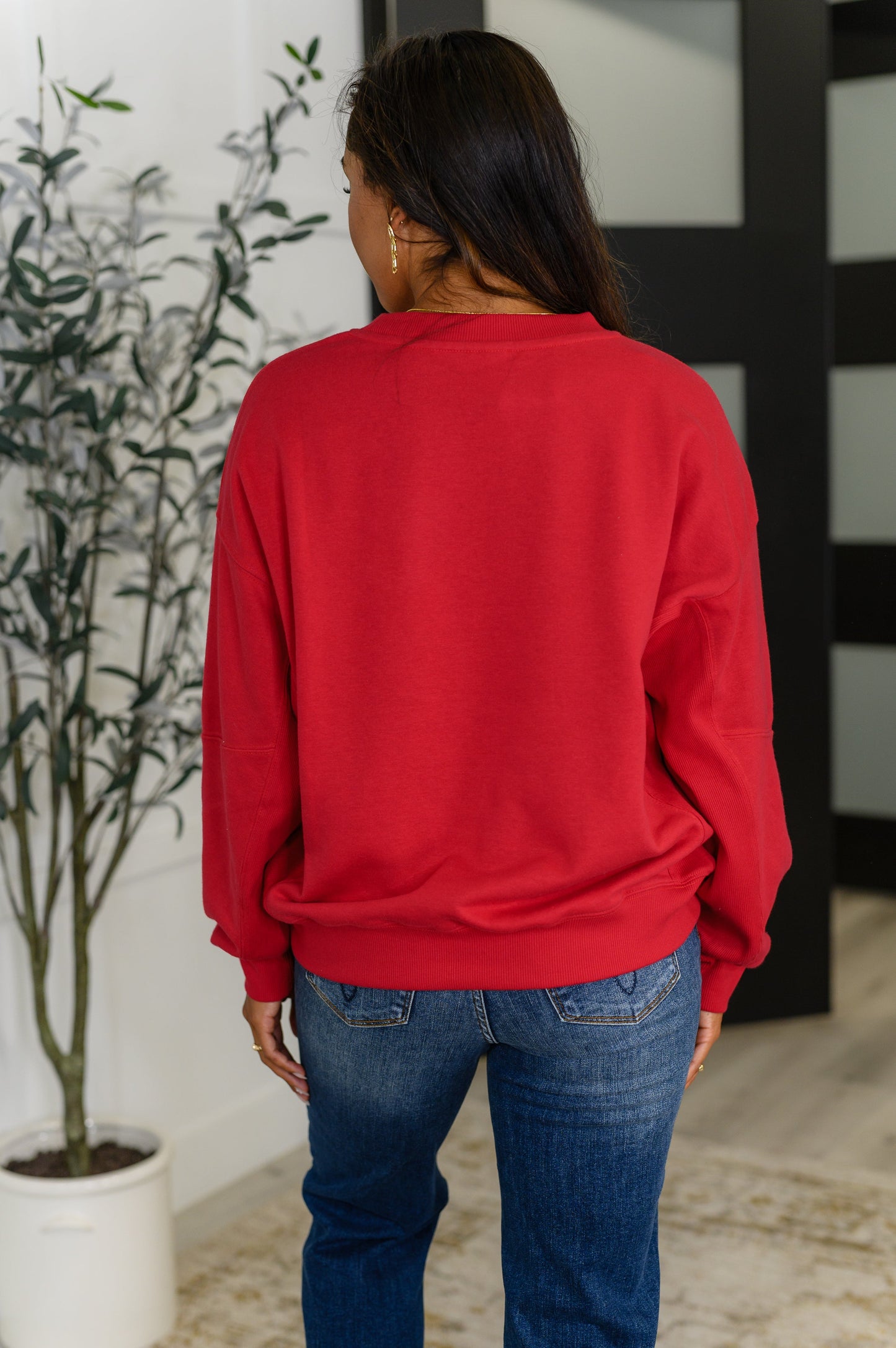 Sweet with a Side Eye Drop Shoulder Pullover in True Red