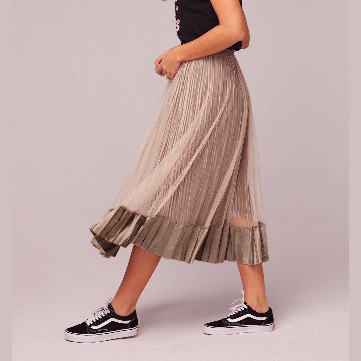Tiny Dancer Taupe Velvet Pleated Midi Skirt