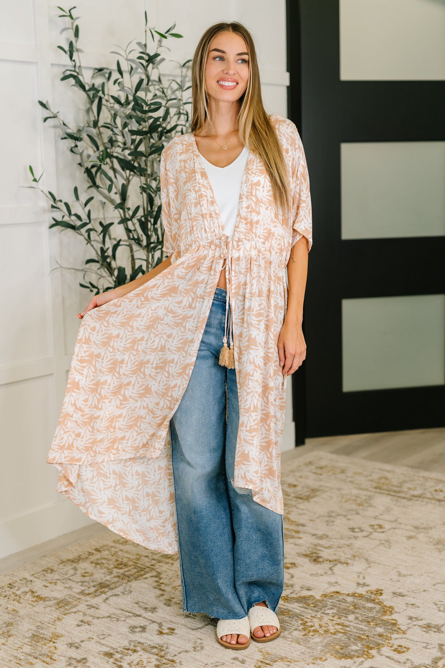 Tropical Print Gauze Kimono with Elastic Waist Tie in Milk Tea