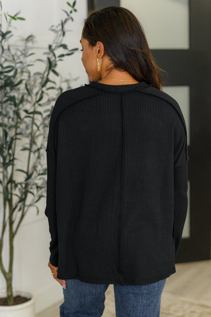 Wander & Rest Cable Ribbed Knit Drop Shoulder Top in Black