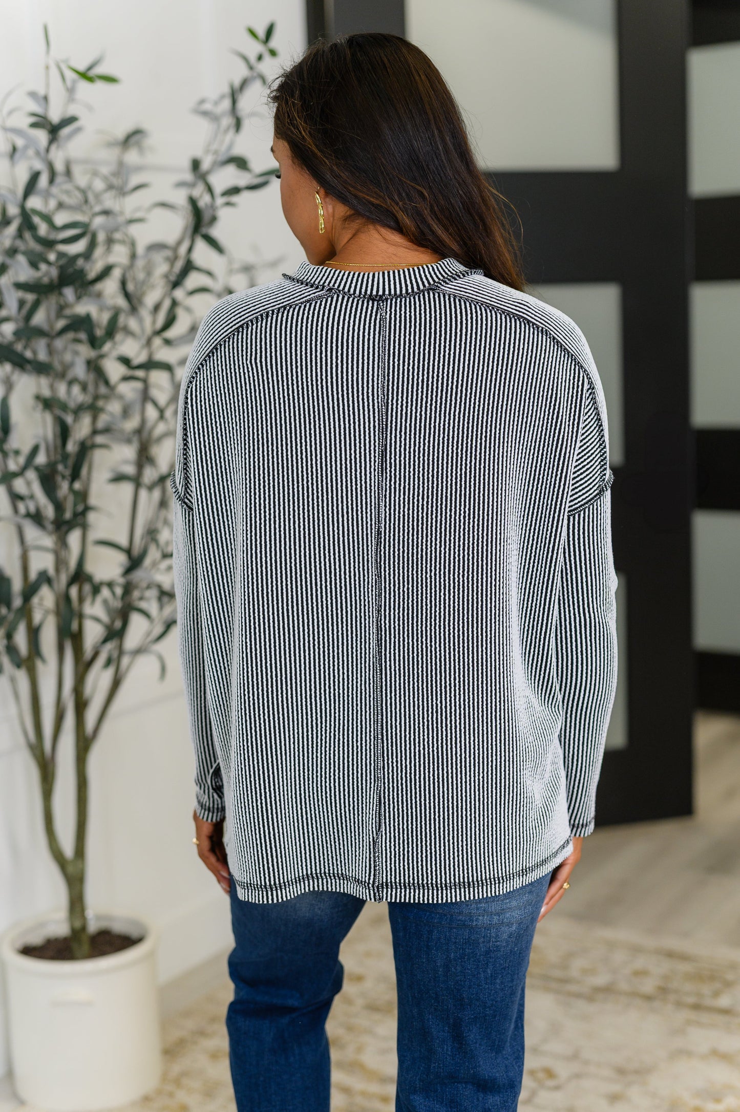 Wander & Rest Cable Ribbed Knit Drop Shoulder Top in Black/White