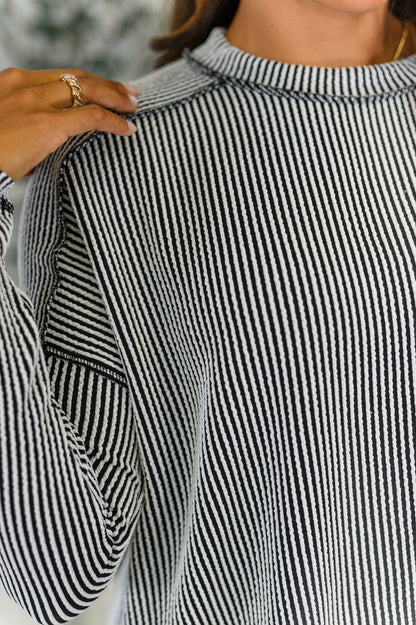 Wander & Rest Cable Ribbed Knit Drop Shoulder Top in Black/White