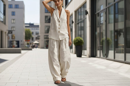 Women's Sleeveless Vest & Wide-Leg Pants Cotton-Linen Two-Piece Set