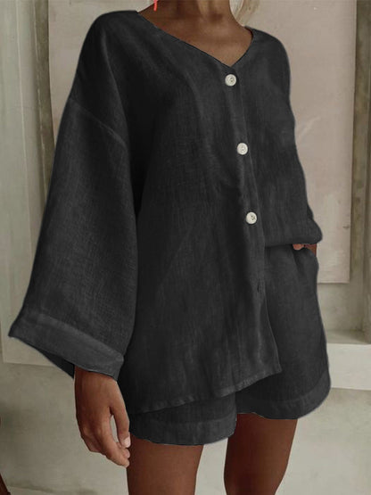 Women's Cotton Linen Shirt & Shorts Set – Long Sleeve, Button, Casual 2-Piece