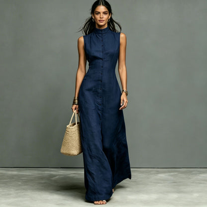 Women's Stand-Collar Single-Breasted Sleeveless Midi Dress
